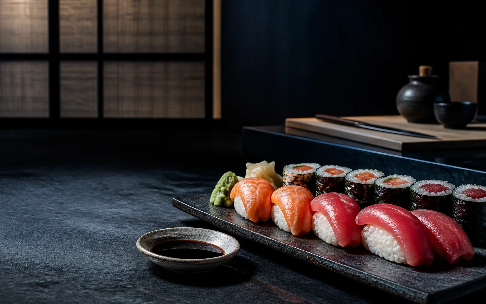 Nigiri und Maki auf einer dunklen Sushi-Theke